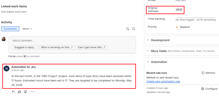 A Jira work item detail view highlighting an automated comment