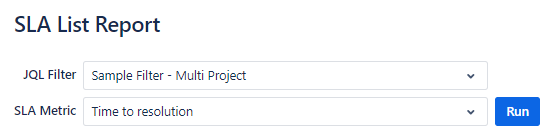 TicketBook SLA List Report options modal showing fields for selecting a saved Jira filter and an SLA timer before running the report