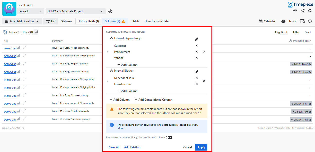 A Time in Status dashboard interface showing a column configuration popup with consolidated External Dependency and Internal Blocker categories.