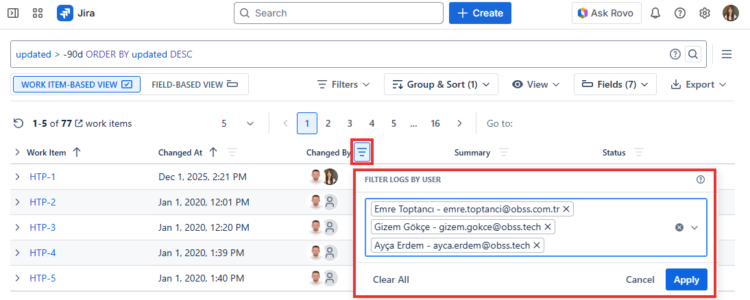 Historian Changed By Filter panel showing a list of Jira users that can be selected to filter history changes by author