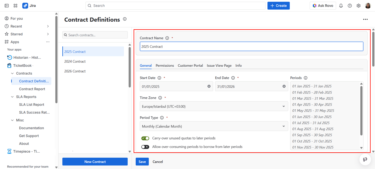 TicketBook Contract Definition screen showing the General Settings tab with fields for contract name, start date, end date, time zone, and period type