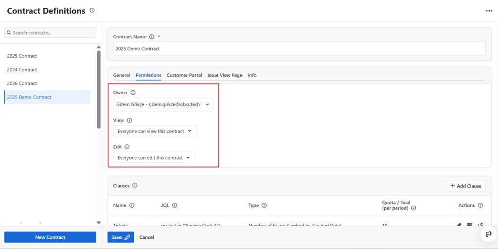 TicketBook Contract Permissions tab showing fields for setting the contract owner and defining view and edit access for specific users or groups