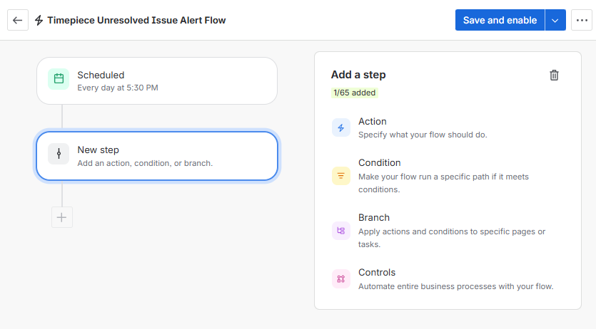 Timepiece automation interface showing an Add a step menu to choose an Action Condition Branch or Controls for the flow