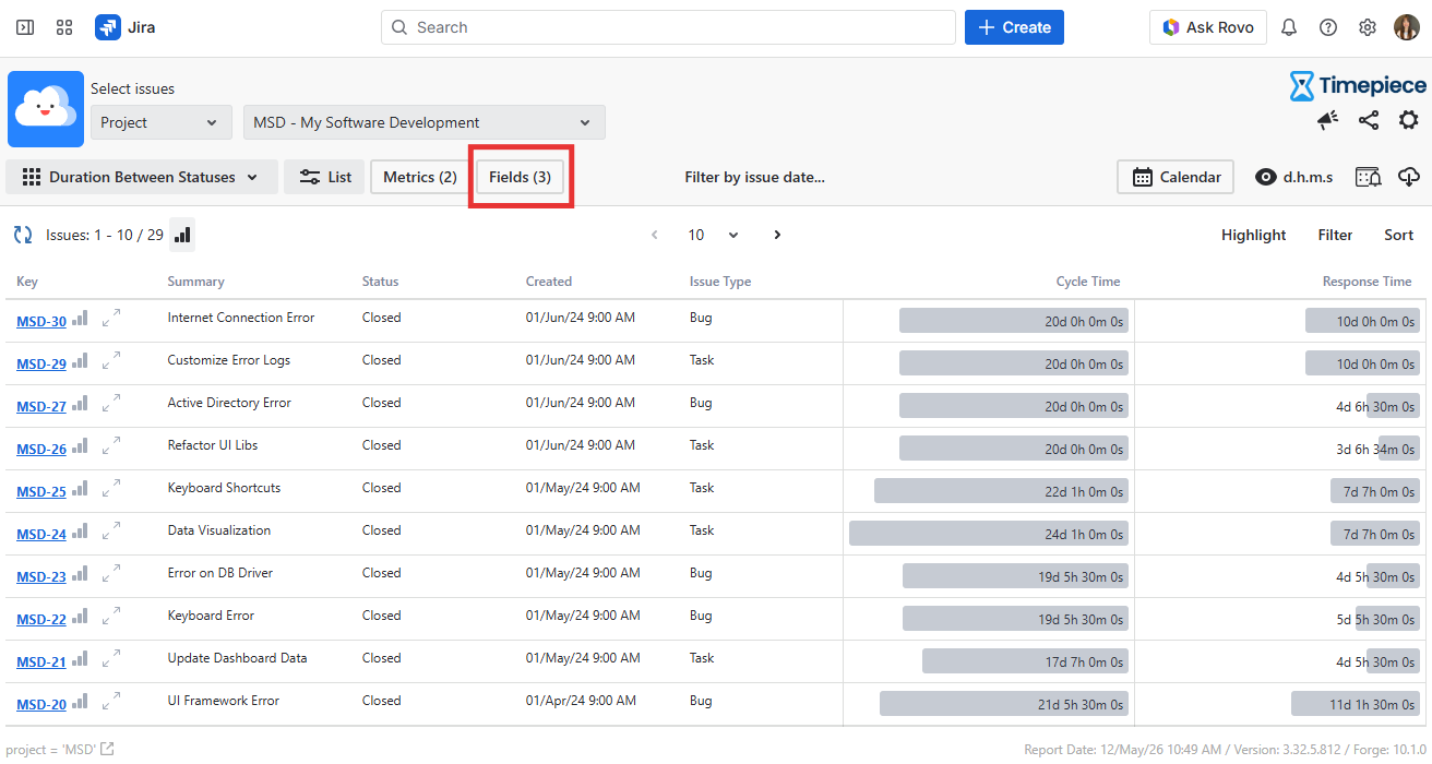 Timepiece Main reporting screen with fields button highlighted
