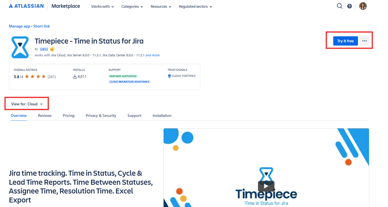 Timepiece Atlassian Marketplace Page with cloud option selected