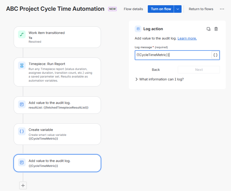 An ABC Project Cycle Time Automation interface configuring a second Log action step to record the calculated CycleTimeMetric variable value in the audit log