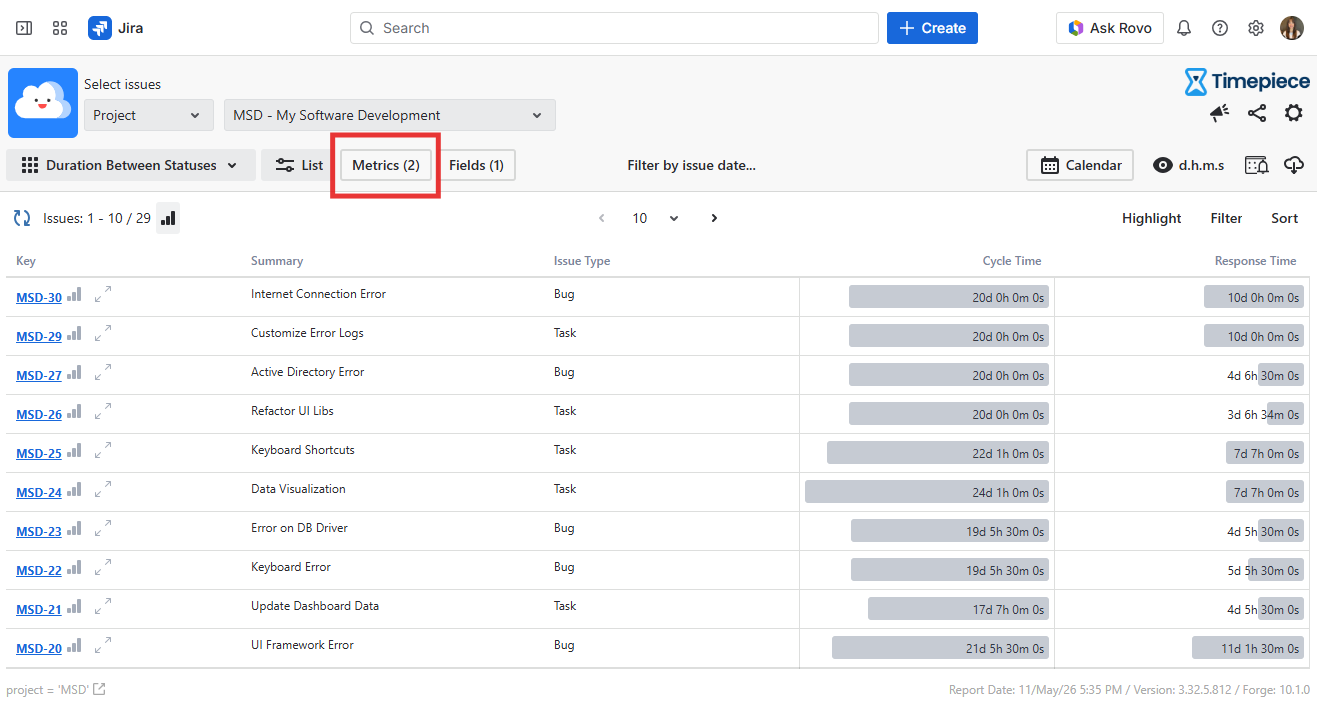 Duration between statuses report with metrics menu highlighted