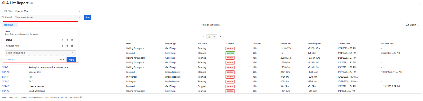 TicketBook SLA List Report Fields panel showing a list of available Jira issue fields that can be added as columns to the report