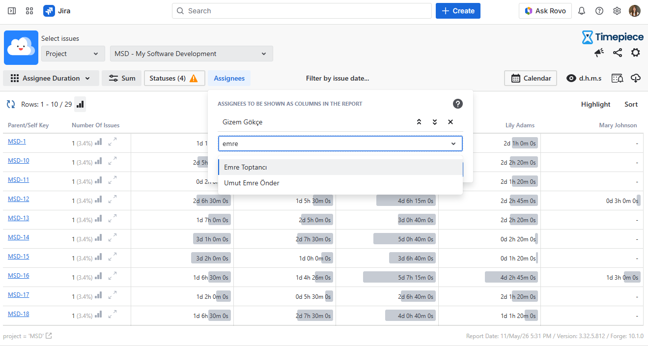 Assignee Duration Report with an open Assignee Menu 