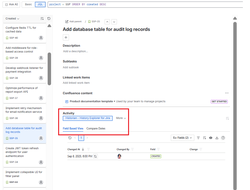 Historian Work Item View Tab displayed in Jira Work Item Navigator showing the change history of a selected issue