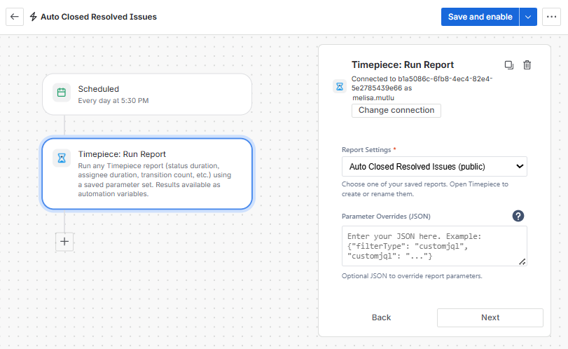 Timepiece Run Report action settings with Parameter Overrides JSON field configured for a custom JQL filter
