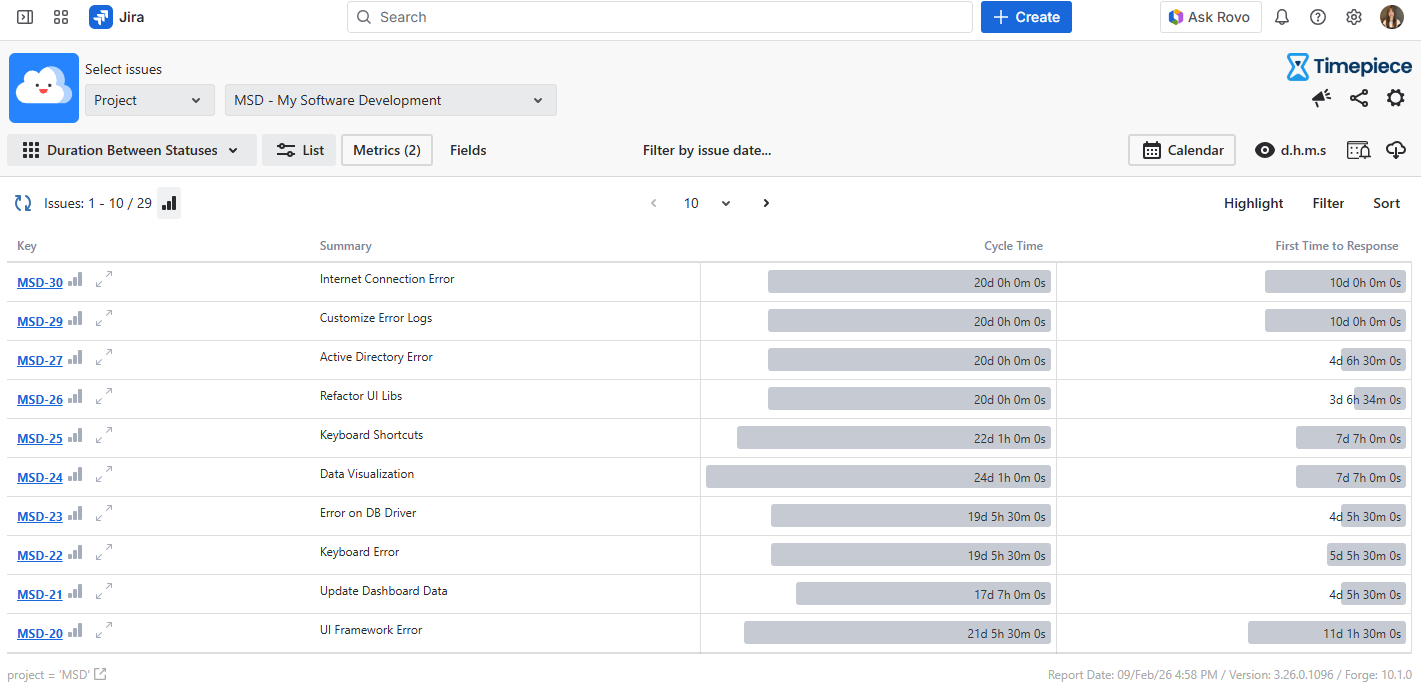 Timepiece Main Reporting Screen Duration Between Statuses Report