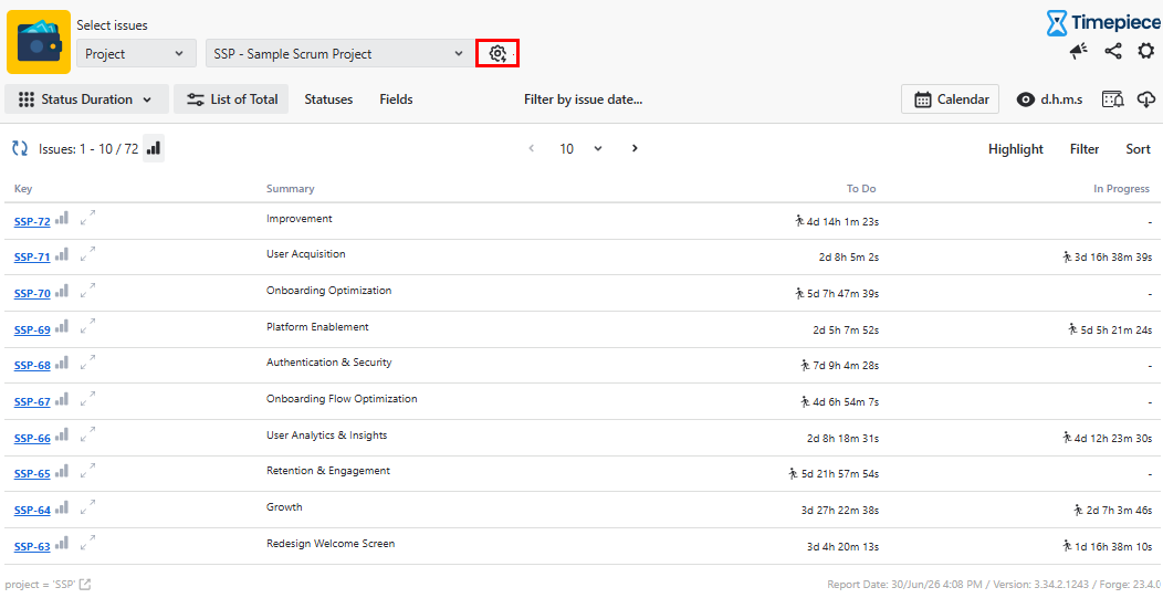 The Timepiece Time in Status report with the Quick Filter button highlighted in the toolbar