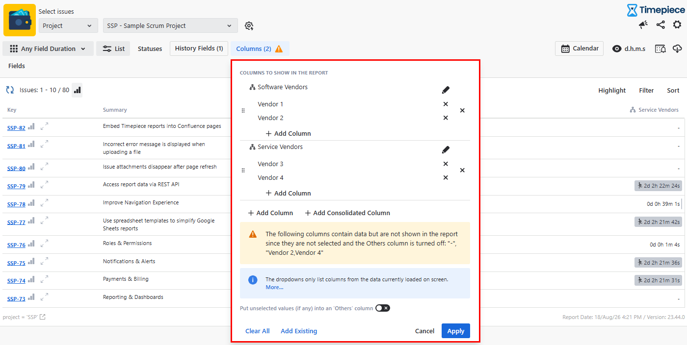 A Time in Status dashboard interface showing a column configuration popup with consolidated Software Vendors and Service Vendors categories.