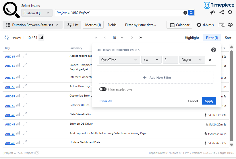 A Timepiece report filter configuration