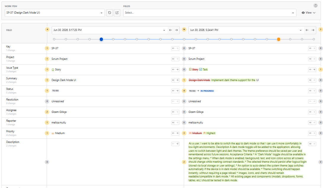 Historian Compare Dates report showing two date columns side by side with field values of a Jira work item for comparison