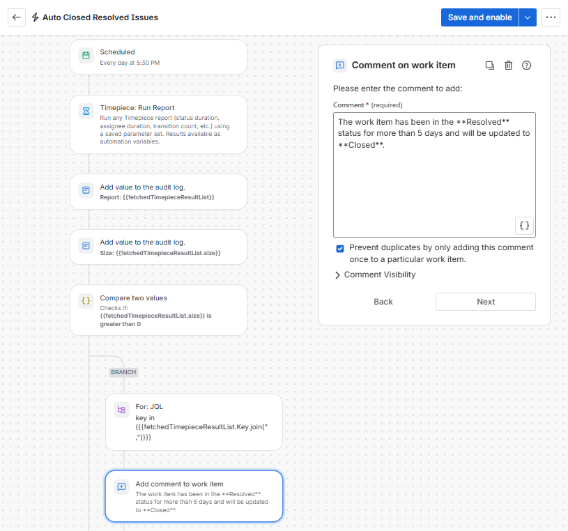 configuring a Comment on work item action with a status closure notification message