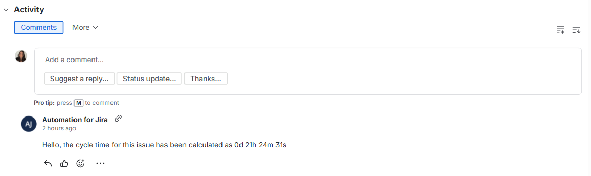 A Jira work item view showing an automated comment in the activity section displaying the calculated cycle time value