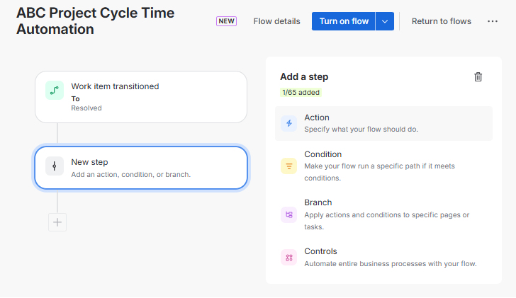An ABC Project Cycle Time Automation interface showing an Add a step configuration menu offering Action Condition 