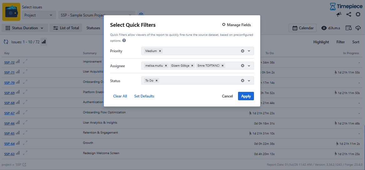 The Select Quick Filters modal with Priority, Assignee, and Status fields configured and values selected, ready to be applied to the report.