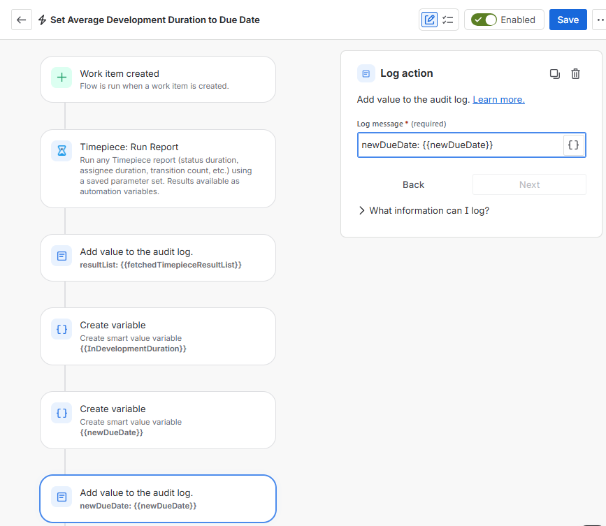 A Set Average Development Duration to Due Date automation interface configuring a second Log action step to record the calculated newDueDate value in the audit log