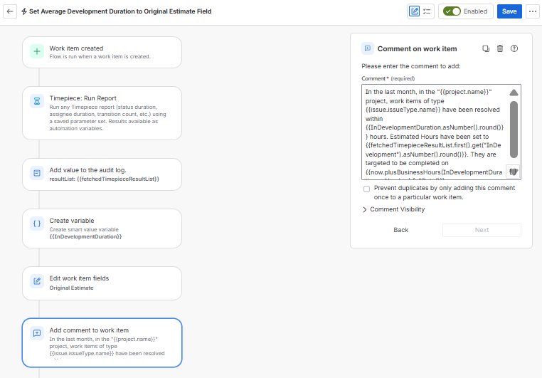 configuring a Comment on work item action step