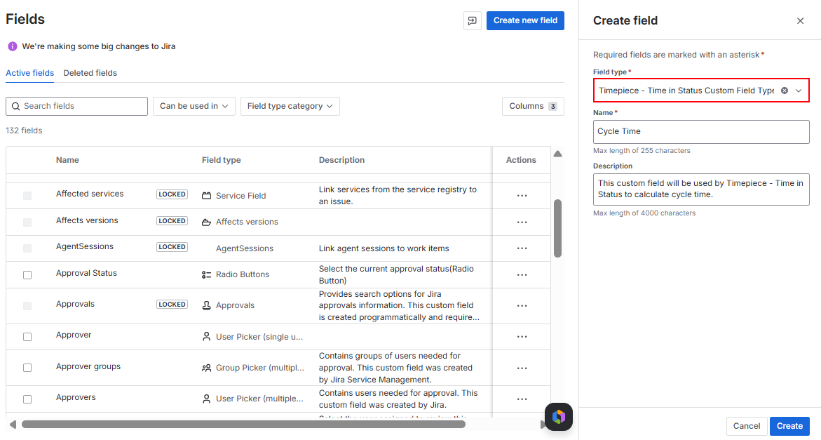 Creating a Cycle Time custom field in Jira using the Timepiece Time in Status custom field type