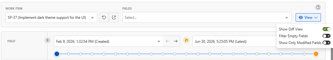 Historian Compare Dates View Options panel showing Show Diff View Filter Empty Fields and Show Only Modified Fields toggle controls