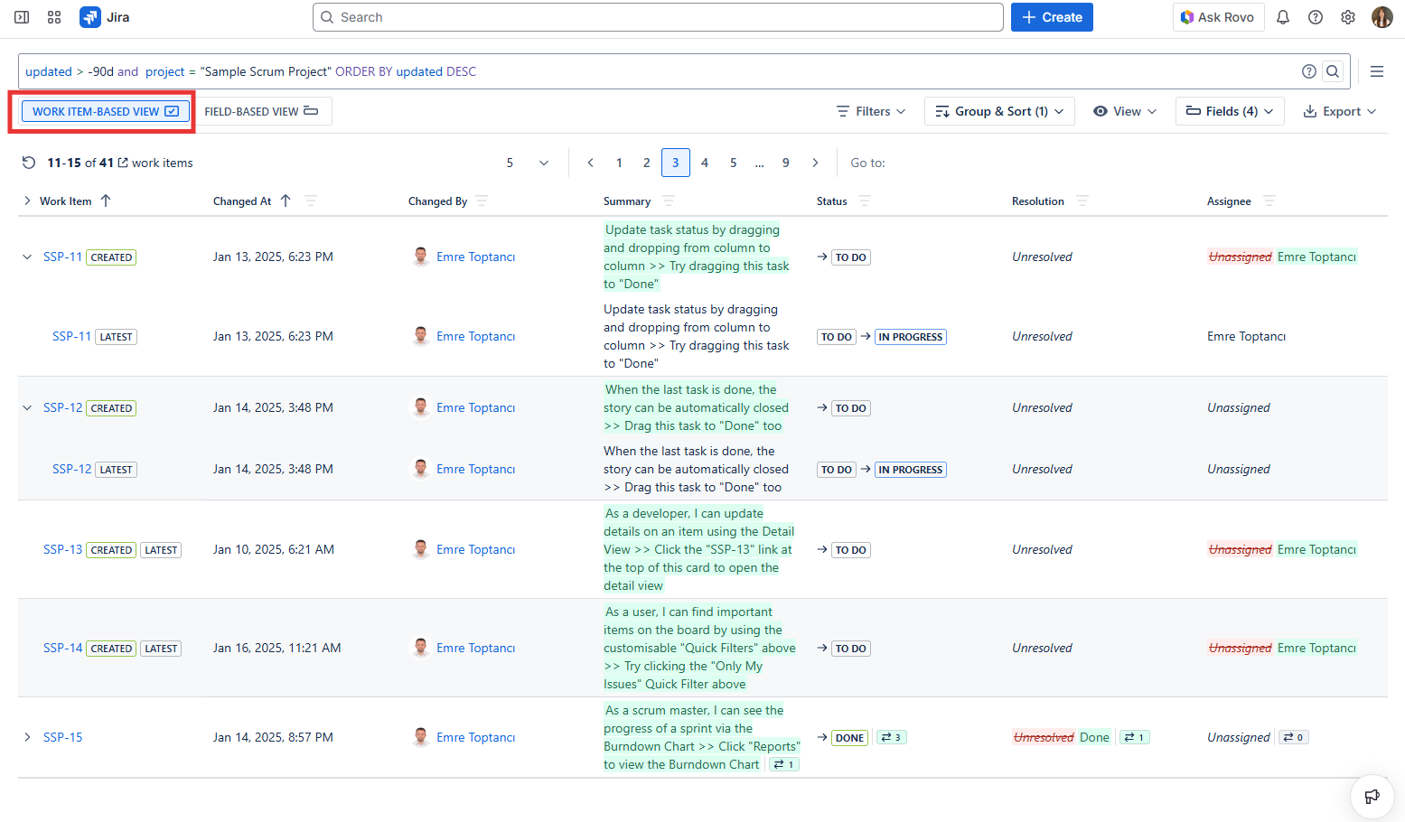 Work Item based view for work item history report