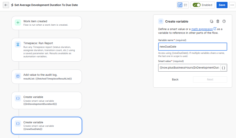 A Set Average Development Duration to Due Date automation interface configuring a second Create variable action to calculate and store the newDueDate value