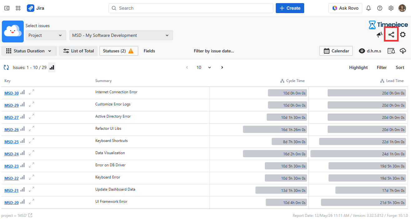Status duration report with Quick Share button hightlighted