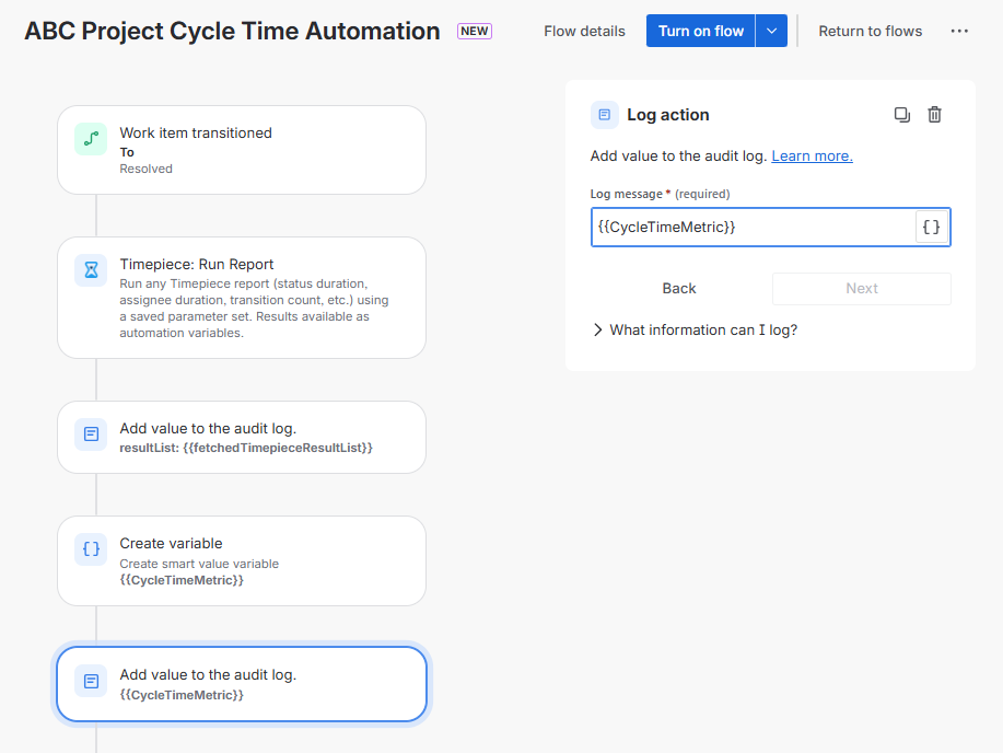 Logging the created CycleTimeMetric variable into the audit log