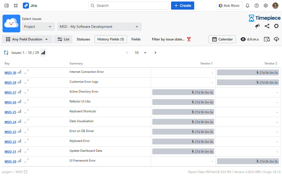 Timepiece Main Reporting Screen Any Field Duration Report