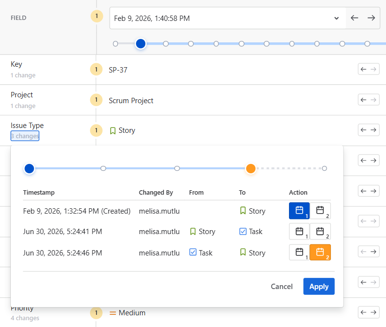 Historian Compare Dates field change details panel showing the history of a specific field with action buttons to set comparison dates