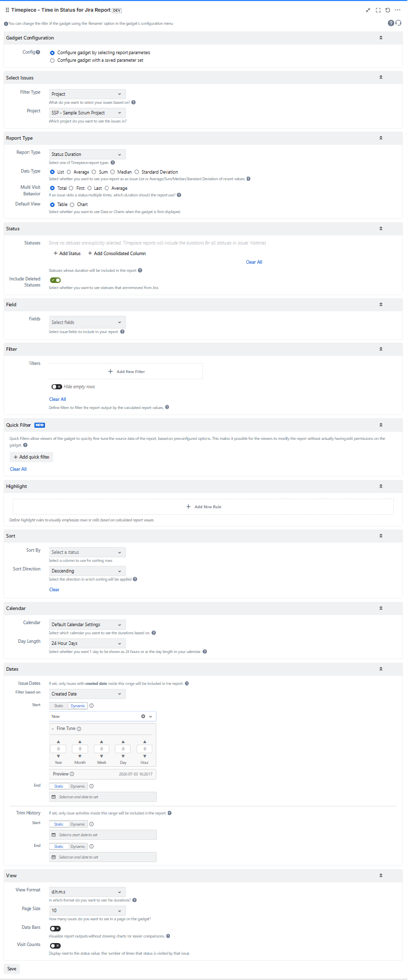 Gadget configuration screen for setting report parameters