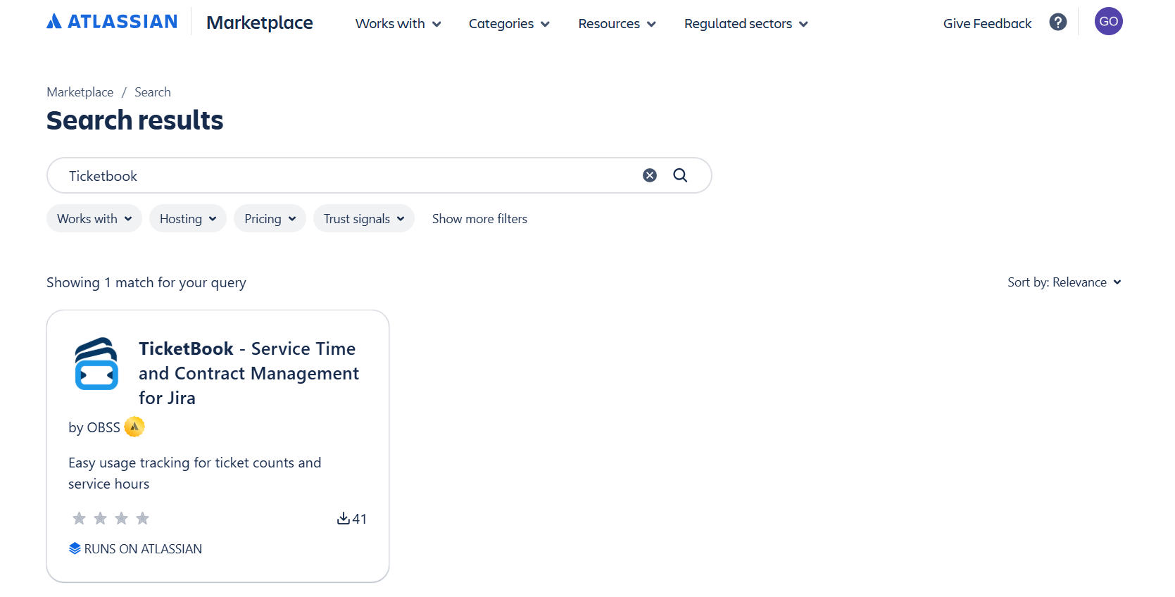 Atlassian Marketplace search results showing the TicketBook app listing by OBSS