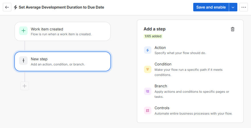 A Set Average Development Duration to Due Date automation builder window showing Add a step configuration menu offering Action Condition Branch or Controls options