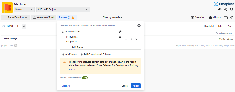 A Timepiece report view highlighting the Statuses dropdown configuration menu