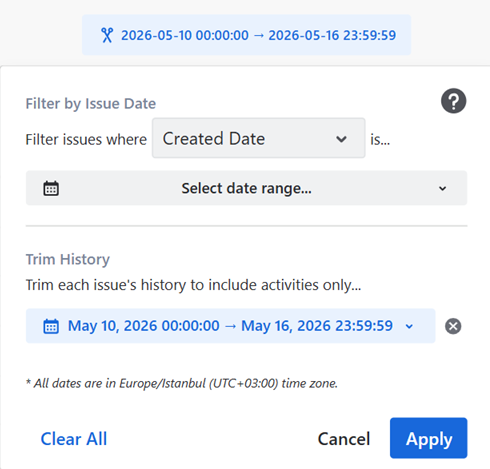 Date picker panel with Trim history