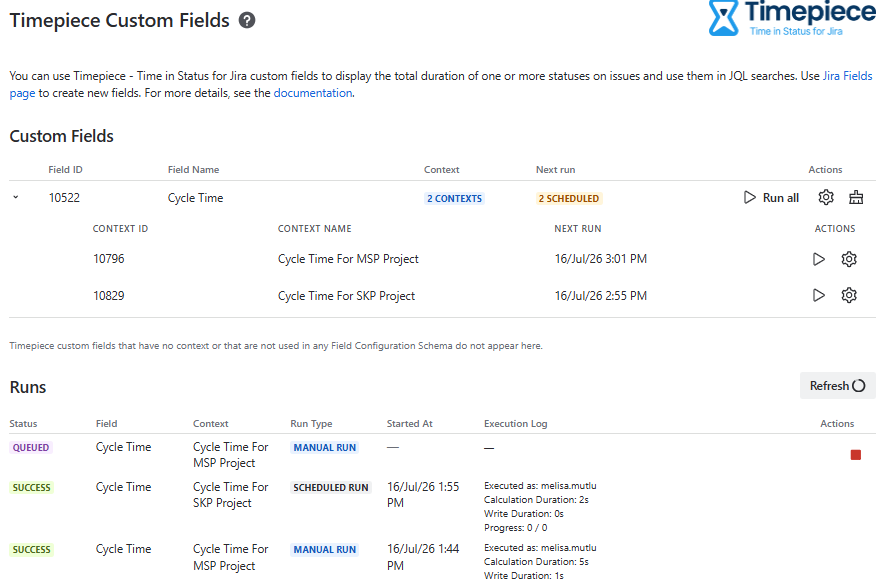 Viewing the Cycle Time custom field contexts and run history on the Timepiece Custom Fields admin page