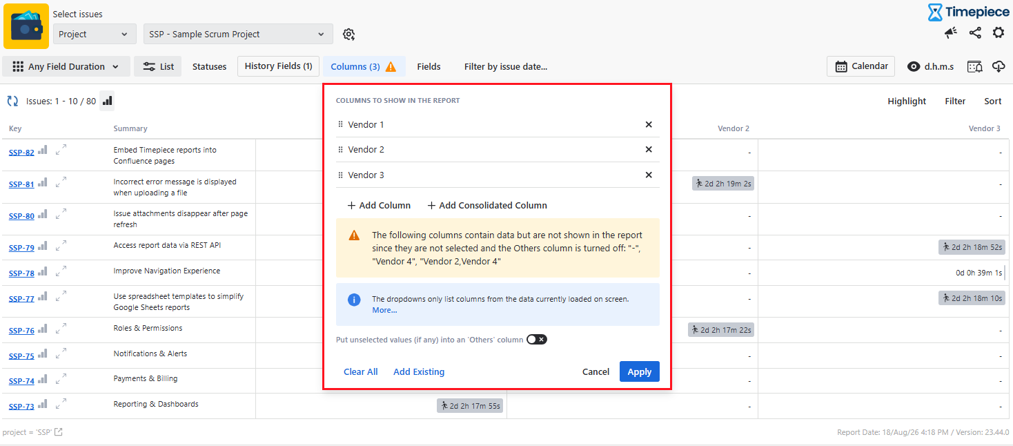 A Time in Status dashboard interface showing a columns configuration popup for reports with Vendor options and warning messages.