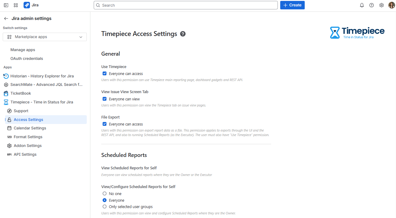 Timepiece Access Settings Page