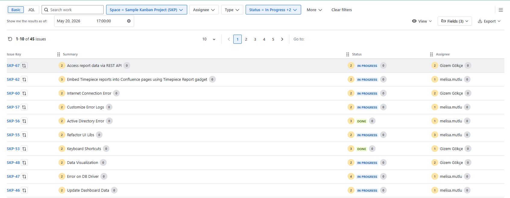 Historic Query Report in Historian, showing work items and field values over time.