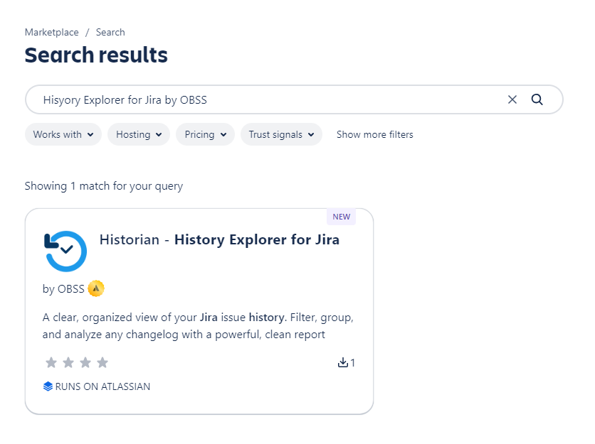 Atlassian Marketplace search results with Historian search keyword