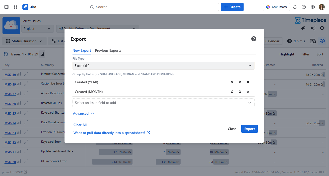 Timepiece main reporting screen with an open export pop-up