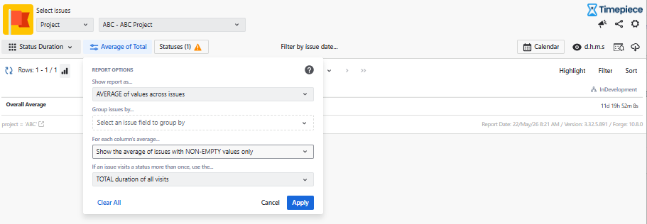 A Timepiece report view highlighting the Average of Total dropdown options menu, configuring the report to show average values across issues with non-empty values only