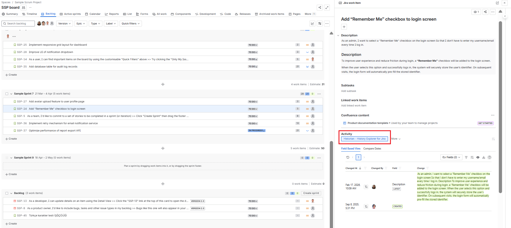 Historian Work Item View Tab displayed in Jira backlog view showing the change history of a selected work item
