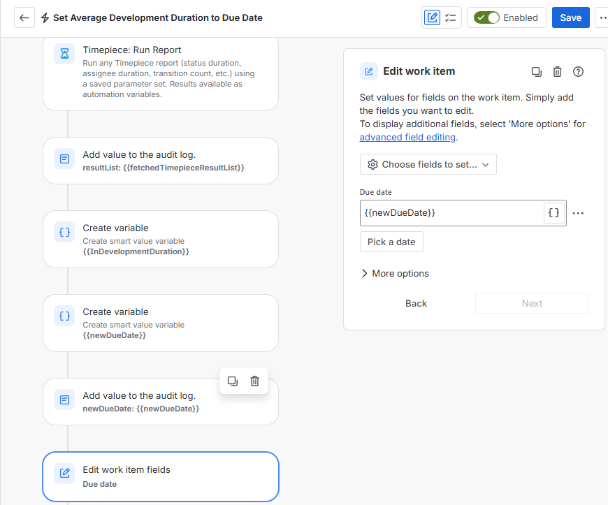 A Set Average Development Duration to Due Date automation interface configuring an Edit work item action to dynamically assign the calculated newDueDate variable to the Due date field