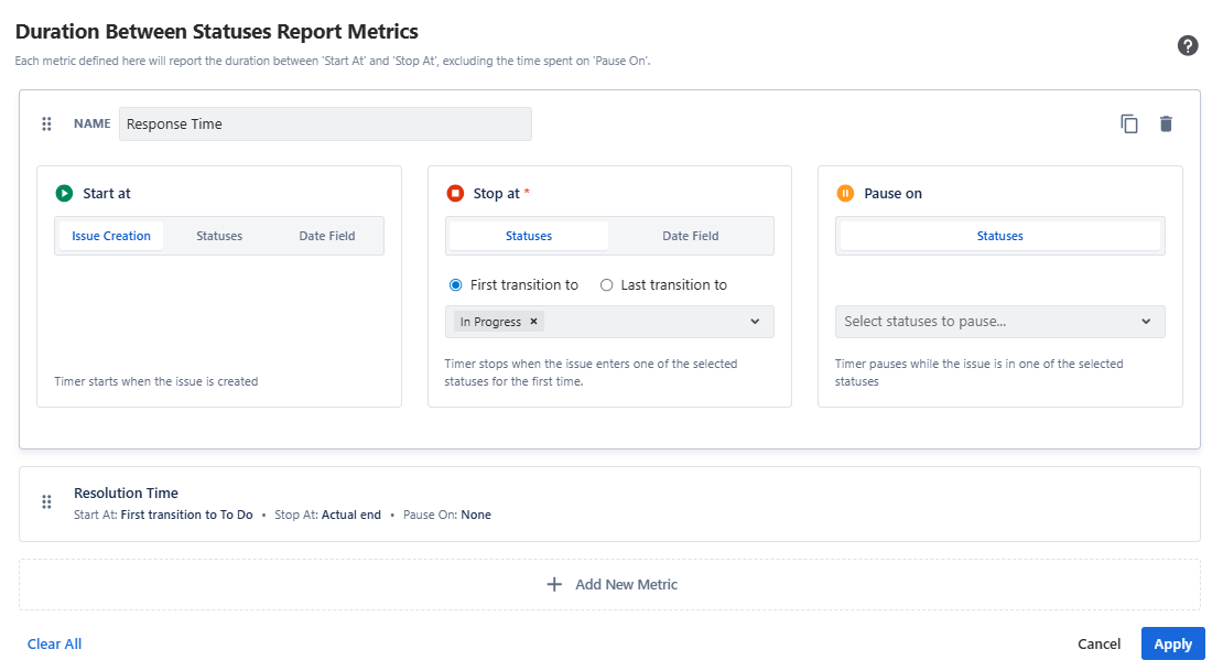 Duration between status report metrics menu