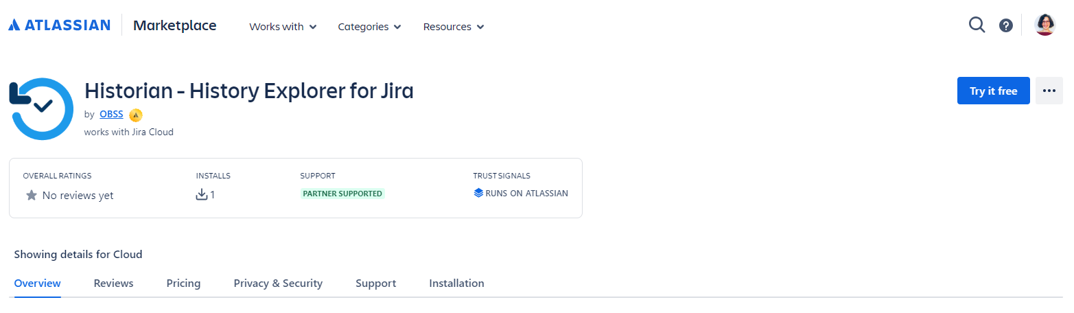 Historian Atlassian marketplace page